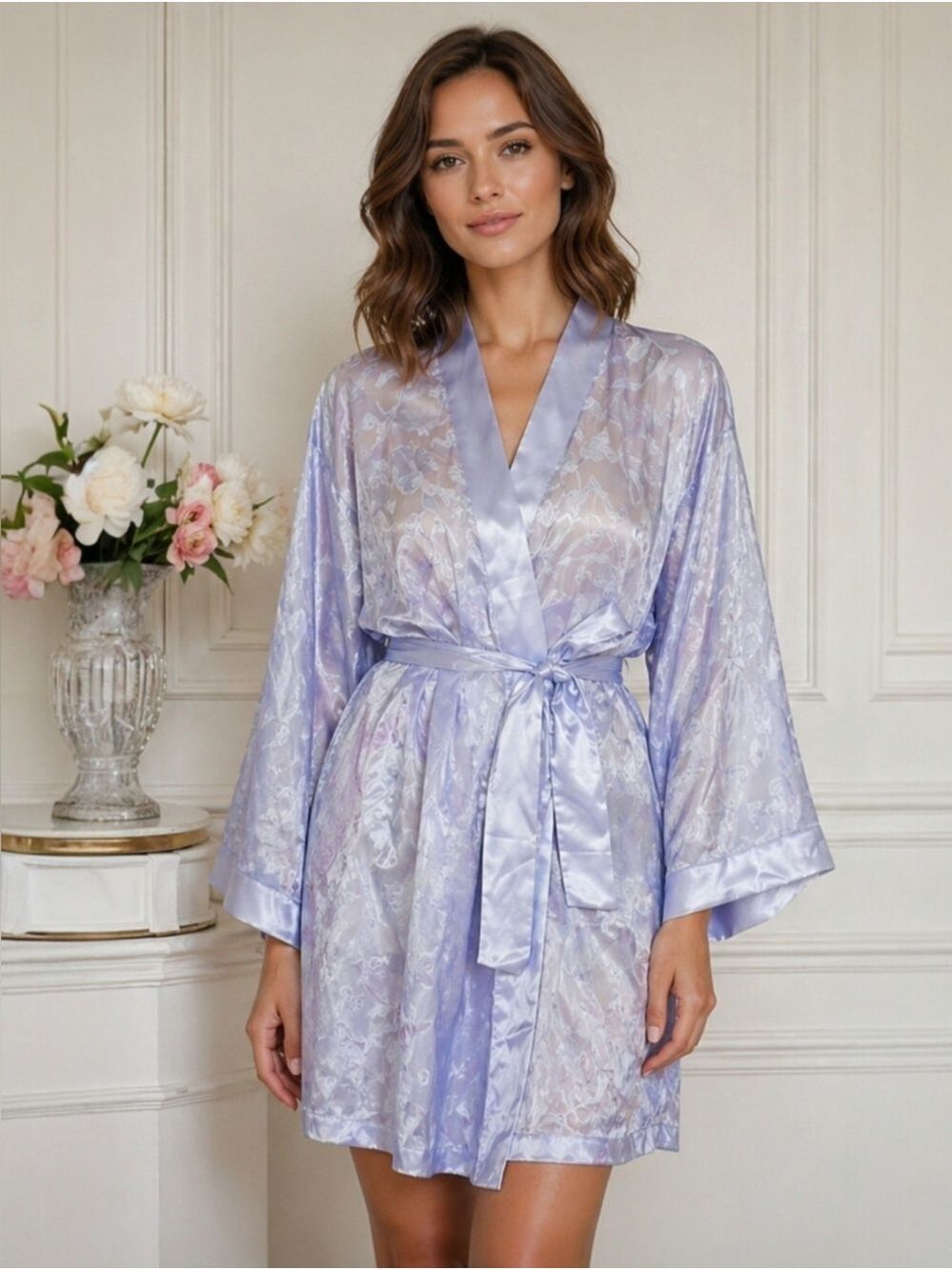 NWT Vtg Oscar de la Renta Pink Label Satin Kimono Robe L/XL Floral Lilac